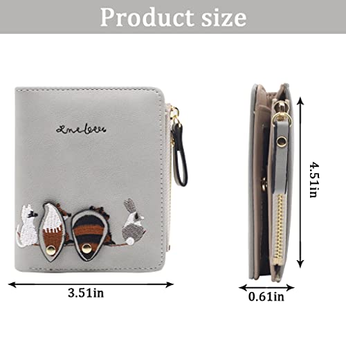 PALAY® Small Wallets for Women Cute Mini Animals Embroidery Short Card Holder Billfold Leather Purse Gift for Girls Grey 2 PCS