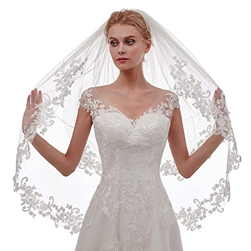 PALAY® Wedding Veil 1.5m Lace Edge Bridal Veil Pure White Veil for Wedding Bride, Women Tulle Short Veil for Wedding Bachelorette Party