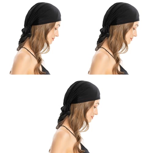 PALAY® Head Scarf for Women Cotton Elastic Chemo Caps Headwear Turban Pre-tied Slip On Cancer Cap Headwrap for Hair Loss or Thin Hair Black X 3