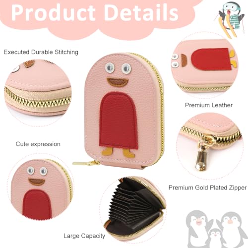 PALAY® Girls Card Bag Travel Holder with 10 Compartments Wallet Organizer Zipper Pouch PU Cartoon Penguin RFID Blocking Pink 2 PCS