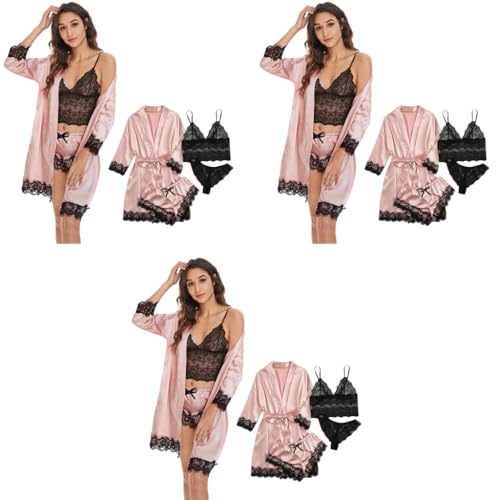 PALAY® Women Lingerie Underwear Suit Set of 12PCS Silk Lace Longsleeve Robe Black Bra Thong M