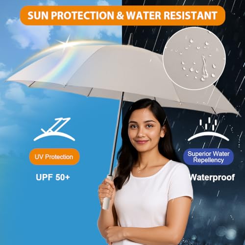 PALAY® Big Umbrella for Men Oxford with Straight Shank Unisex Windproof Rain Sun Protection Large Canopy Reinforced 8 Fiber Ribs Auto One-Touch Open Commute Outdoor Beige 3 PCS