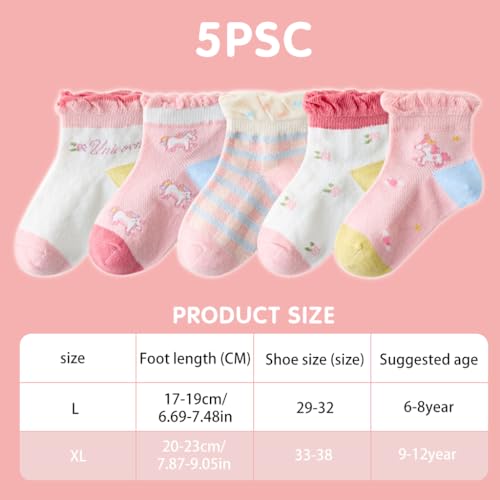 PALAY® 5 Pairs Kids Socks Girls Socks Breathable Cotton Mesh Socks Home Socks Cartoon Unicorn Cotton Socks for Girls 9-12 Years Old