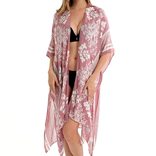 PALAY® Women's Coverups for Beach Wear, Floral Print Beachwear for Women, Summer Swimsuits Beach Coverup Cardigan Wrap, Vacation Casual Cover Up for Bikini Swimwear (3/4 Sleeve, Open Front)