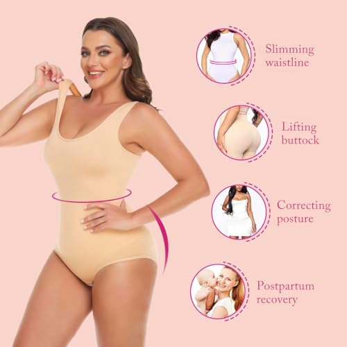 PALAY® Body Shaper for Women Waist Trainer Bodysuit Tummy Control Shapewear Seamless Round Neck Tank Top Bodysuit, Beige, XL-XXL