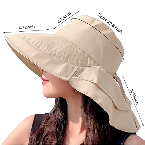 PALAY® Fashion Women Wide Brim Hat-UV Protection Summer Sun Hat with Ponytail Hole Back Neck Flap Cover,Khaki