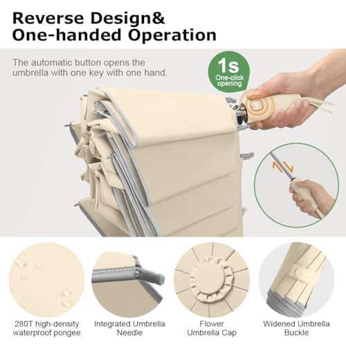 PALAY® 3 Fold Umbrella for Rain with Reflective Strip Compact Travel Auto One-Touch Open Close Reinforced 10 Dual Ribs Sun Protection 99 UV Windproof Men Women Khaki 2PCS