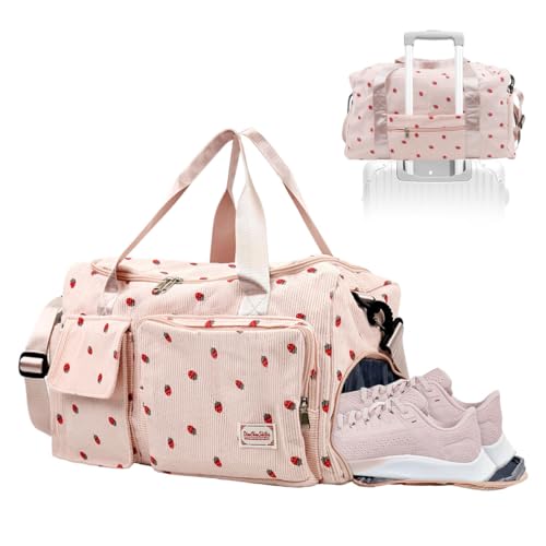 PALAY® Women Duffle Bag Gym Bag with Shoe Compartment Cute Pink Strawberry Prints Corduroy Travel Bag with Removable Shoulder Strap Multi-pocket Duffle Bag for Travel, Gym Session, Camping, 48x24x27cm