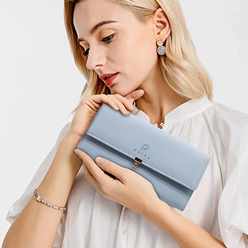 SANNIDHI® Women's PU Leather Long Wallet with Leaf Pendant Card Holders Phone Pocket Girls Zipper Coin Purse (Blue)