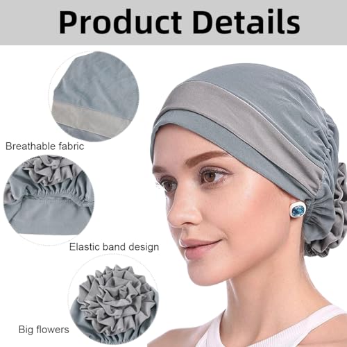 PALAY® Chemo Caps for Women Cotton Stretchy Turban Cap Headwear Head Wrap Flower Skull Cap for Women Cancer Beanie Head Coverings - Grey 2 PCS