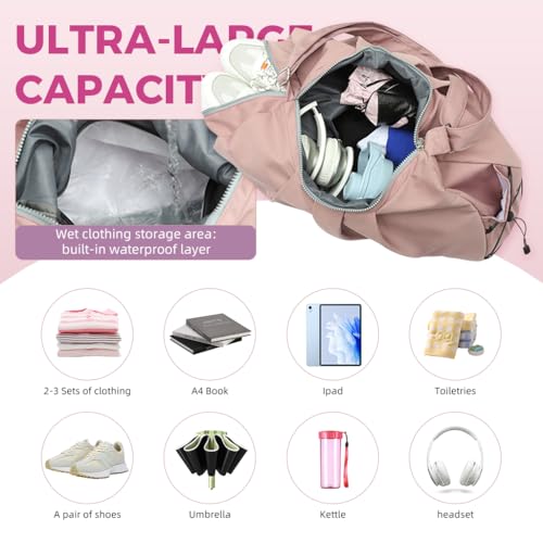 PALAY® Women Gym Bag Fashion Nylon with Shoe Compartment Duffle Travel Shoulder Multifunctional Waterproof Day Pack Adjustable Strap Pink 3 PCS