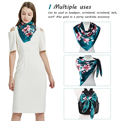 PALAY® Head Scarf for Women Stylish Satin Silk-feel Comfy Green Print Hair Wrapping 35in Square Pillow Cover 3PCS