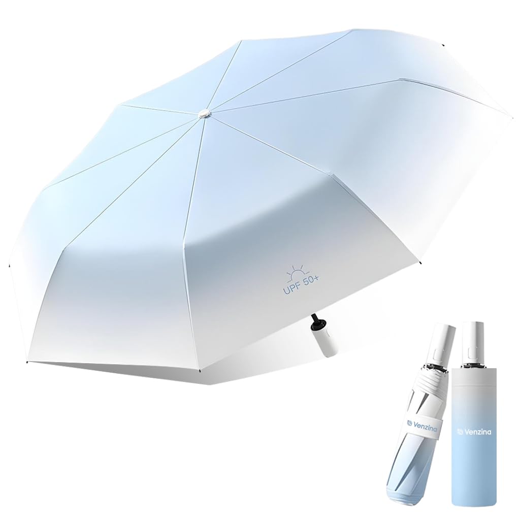 PALAY® UPF 50+ Sun Umbrella Automatic Travel Umbrella with Black Coated Inner Liner and Fiberglass Ribs, Stylish One-Touch System, Gradient Light Blue Compact Foldable Design for Everyday Use