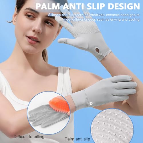 PALAY® Ice Silk Gloves Women Sun Protection Anti-Skid Breathable Touch Screen Bike Riding Cycling Summer Cooling Grey 3PCS