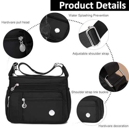PALAY® Womens Crossbody Bag Nylon Waterproof Multipocket Sling Adjustable Shoulder Strap Black 25x21x10cm 3 PCS