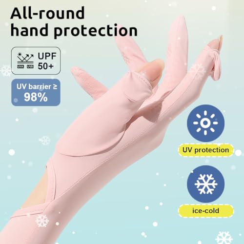 PALAY® Hand Gloves for Sun Protection with Arm Sleeves for Women, Ice Silk Cooling Sun Protection Gloves Women Non Slip Summer Outdoor UV Arm Sleeves for Bike Riding - Pink, Wrist Opening - 3 Pairs
