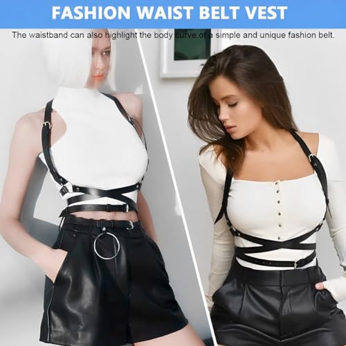 PALAY® Body Punk Waist Belt for Women Girls Fashion Gothic Vest Leather Belt Skinny Adjustable Shoulder Strap Body Belt for Shirt Blouse Dress Party, Black