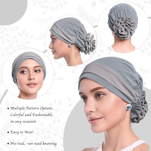 PALAY® Chemo Caps for Women Cotton Stretchy Turban Cap Headwear Head Wrap Flower Skull Cap for Women Cancer Beanie Head Coverings - Grey 2 PCS