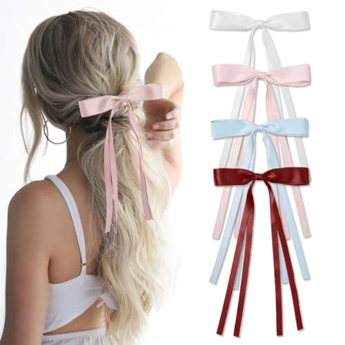 PALAY® 4 Pcs Bow Clips for Women Girls, Stylish Bowknot Hair Clip Tassel Ribbon Hair Bows for Women, Long Tail Barrettes Hair Accessories for Ponytail, Fishtail Braid & Updo