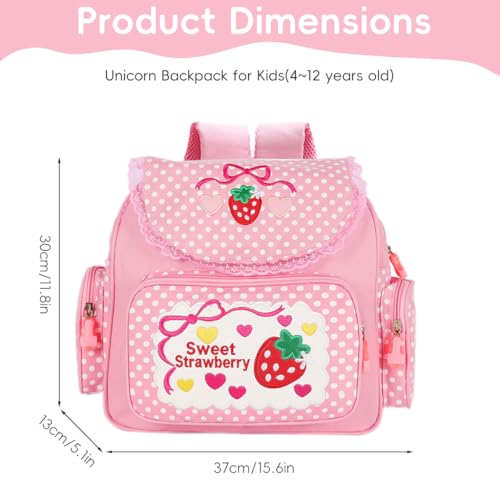 PALAY® Kawaii Canvas Backpack for Girls Pink Sweet Strawberry Embroidery Decal Lace Travel Multi Pockets Book Bag Casual Day Bag Children's Day Gift