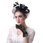 PALAY® Bowknot Fascinator Hats with Floral Lace Gloves Set, Black Veil Mesh Headband for Women Ladies, Vintage Fascinating Headwear for Party, Prom, Photography