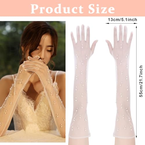 PALAY® Wedding Gloves for Bride White Lace Gloves for Women Hand Gloves for Girls White Net Gloves, Elbow Length Lace Gloves Elegant Bridal Tulle Gloves Banquet Pearl Gloves Bridal Diwali Halloween