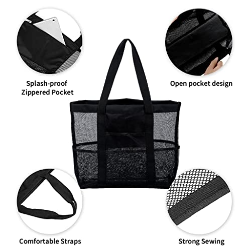 PALAY® Large Capacity Beach Bag Multi Pocket Polyester Mesh Bag Tote for Travel, Fitness Bag, Swimming Storage Bag for Clothes Fashion Transparent Mesh Bag for Women, Black