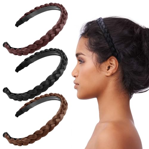 PALAY® Braided Hair Band for Women Girls Stylish Synthetic Hair Plaited Headband for Women with Tooth Cute Hair Accessories for Women Wide 0.7 Inch - (3 Pcs, Black, Burgundy, Coffee)