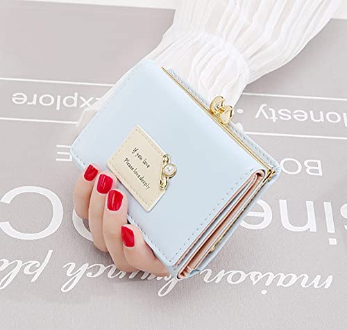 PALAY® Mini Wallet for Women PU Leather Small Card Holder Ladies Purse Hand Clutch with Heart Shaped Metal Buckle Mothers Day Gift for Mom Blue 3 PCS