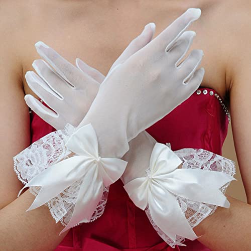 PALAY® Lace Gloves for Women Girls, Butterfly Bow White Gloves for Wedding, Elegant Bridal Gloves Short Mittens for Party Formal Banquet Photography(1 Pair)