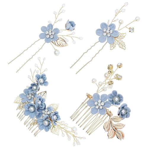 PALAY® Floral Hair Accessories for Women Hair Side Comb Hair Clips for Women And Girls Handmade Bridal Pearl Hair Bun Clip Combo Hair Accessories Gifts for Women, Friends - 4 Pcs