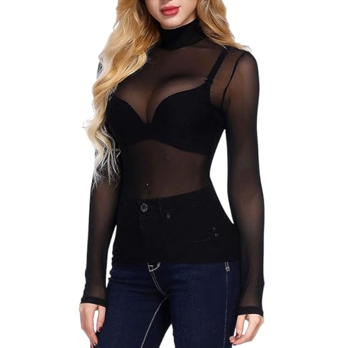 PALAY® Women's Mesh Tops High Neck See Through Shirts Short Sleeve Long Sleeve Bodycon Sheer Slim Fit Blouse Clubwear, M