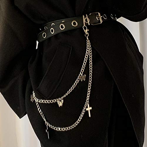 PALAY® Grommet Leather Black Belt for Women Fashion Punk Rock Jeans Belt Women Belts for Jeans with Detachable Chain, Aesthetic Waist Belt For Pants Dress(Black)