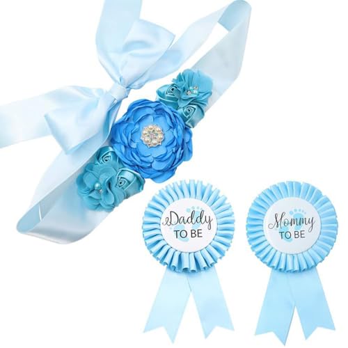 PALAY® Mom to Be Flower Sash Set - Baby Shower Daddy to Be Corsage Pin - Flower Belt for Maternity Dress - Pregnancy Photo Props Supplies-Blue