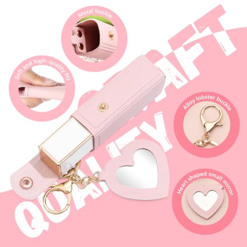 PALAY® Lipstick Holder Keychain, PU Lipstick Case Holder Key Chain with Heart Shape Mirror, Portable Chapstick Keychains Sleeve, Travel Lip Balm Organizer for Women Girls - Pink