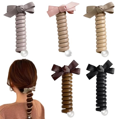 PALAY® 5 Pack Telephone Wire Hair Bands for Kids Hair Accessories for Girls Bowknot Spiral Hair Ties Elastic Rubber Ponytail Holder Braided Hair Accessories for Kids