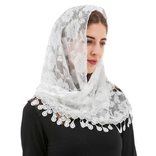 PALAY® Lace Shawl Women Lace Mantilla Triangle Lace Mass Veil for Women Tassle Rose Jacquard Lace Shawl Headwear Wedding Lace Veil Headwear