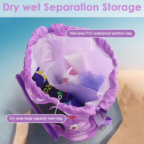 PALAY® Kuromi Swimming Drawstring Bag Girls Waterproof with Shoe Compartment Clear Goggle Pouch Cute Quick Dry Wet Beach 26x13x40cm 2 PCS