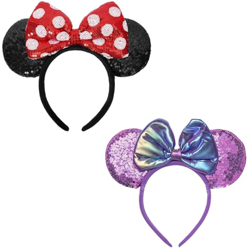 PALAY® 2Pcs Girls Headbands Sequin Micky Mouse Bow Headbands Kawaii Cute Bow Headbands Party Headpieces Gift for Girls Cosplay Costume Prop