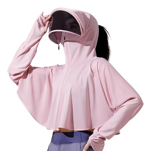 PALAY® Sun Protection Clothing Women UPF 50+ Protective Sun Protection Clothing Long Sleeve Ice Silk Protective Sun Protection Clothing with Removable Sun Visor, Pink