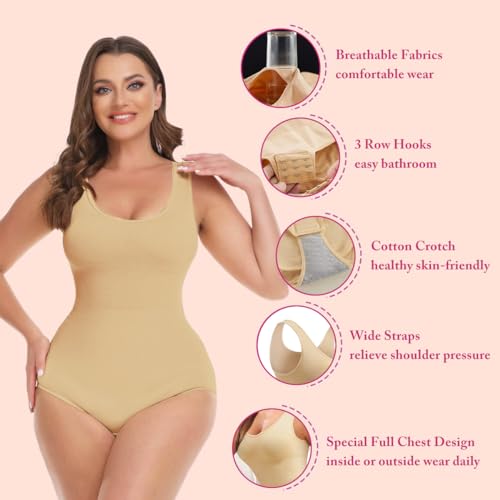 PALAY® Body Shaper for Women Waist Trainer Bodysuit Tummy Control Shapewear Seamless Round Neck Tank Top Bodysuit, Beige, XL-XXL