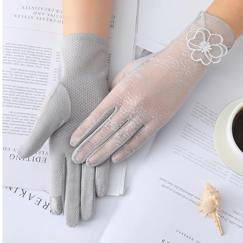 PALAY® Sun Protection Gloves for Women Stylish Flower Lace Hand Gloves for Bike Touch Screen Breathable Gloves Grey Summer Cool Silk-Feel for Golfing Fishing - 1 Pair, Non-Slip Design