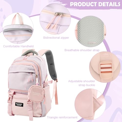 PALAY® Girls Backpack School with Small Zipper Pouch Fashion Pink Nylon Padded Shoulder Straps Handle Design Multi Compartment Large for Camping Travel 2 PCS