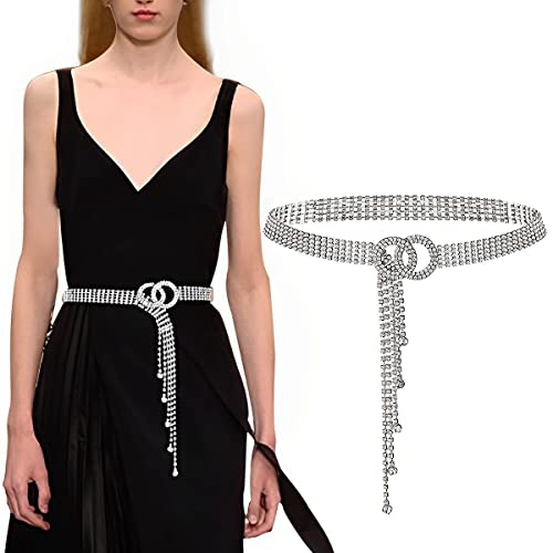 PALAY® Rhinestone Belt for Women Fashion Womens Belts for Dress Metal Tassel Waist Belts Women Silver Shiny Crystal Belt for Jeans Blouse Blazer Dress