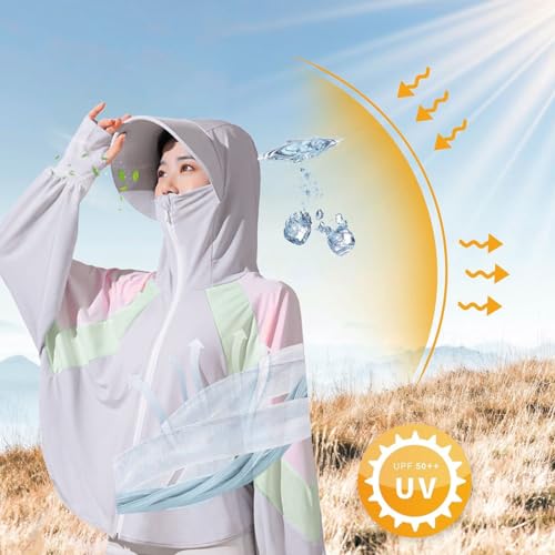 PALAY® Woman Sun Protection Hoodie Jacket Lightweight UPE50+ Sun Blocking Coat with Pocket Long Sleeve Shirt Hiking Outdoor with Face Mask