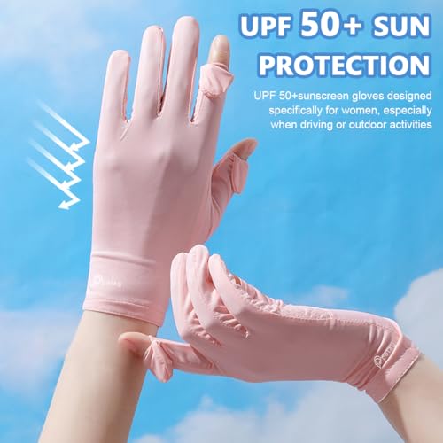 PALAY® Spandex UV Sun Protection Gloves Women Non-Slip Touch Screen Summer Ice Silk Cool Outdoor Breathable for Cycling Fishing Pink 2PCS