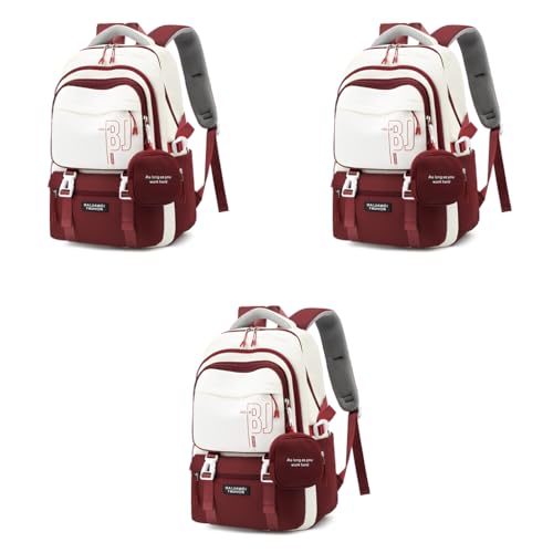 PALAY® Girls Backpack School with Small Zipper Pouch Fashion Red Nylon Padded Shoulder Straps Handle Design Multi Compartment Large for Camping Travel 3 PCS