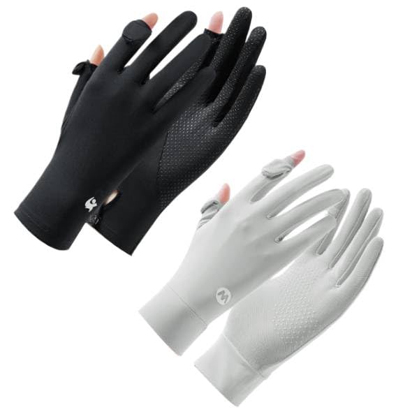 PALAY® 2 Pairs Sun Protection Gloves for Women, UPF 50+ Ice Silk Cooling Full Finger Non-Slip Touch Screen Gloves, Breathable Outdoor Cycling Driving Fishing, Black, One Size, Snap Button Closure