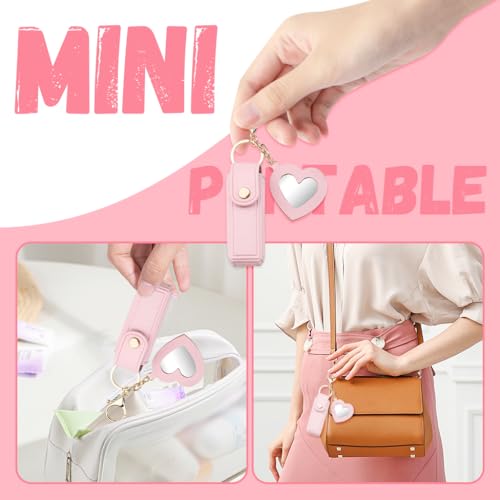 PALAY® Lipstick Holder Keychain, PU Lipstick Case Holder Key Chain with Heart Shape Mirror, Portable Chapstick Keychains Sleeve, Travel Lip Balm Organizer for Women Girls - Pink