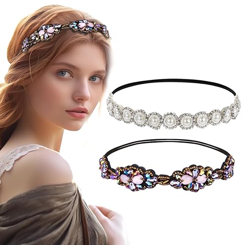 PALAY® 2pcs Beaded Headband for Women, Pearl Rhinestone Elastic Hair Bands Fashion Handmade Jewelry Headband for Girls Ladies